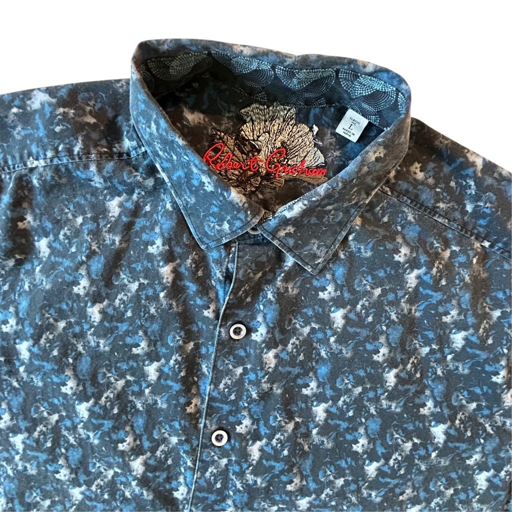 Robert Graham Mens Blue Grey Abstract Print Short Sleeve Button Down Shirt Large